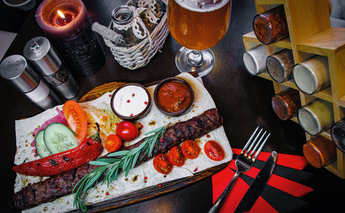 High angle view of breakfast on table