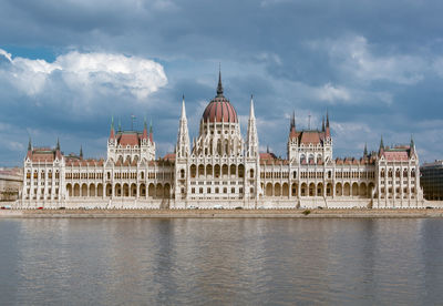 Hungarian parliament building by river against cloudy sky