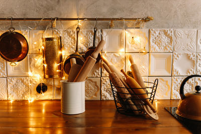 The interior of a christmas decorated kitchen in the loft style in a cozy house