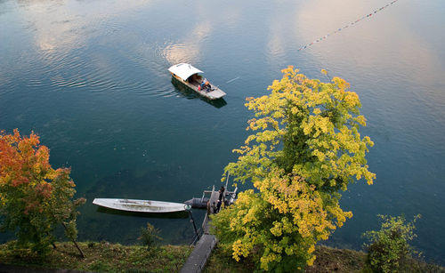 High angle view of lake amidst trees during autumn