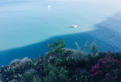 High angle view of boats on sea shore