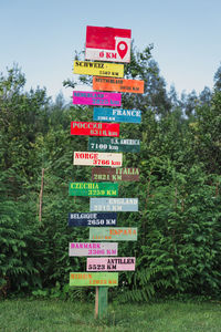 Low angle view of information sign against trees