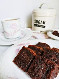 Close-up of chocolate cake in plate