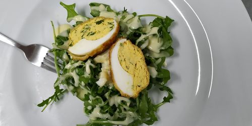 High angle view of breakfast served in plate