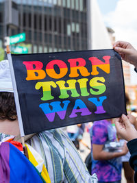 Pride flag during the stonewall pride march photographed june 27th, 2021 during pride month. 