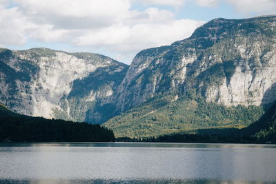 Scenic view of lake by mountains against sky