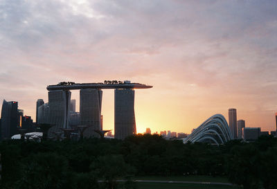 Modern buildings against sky during sunset