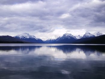 Scenic view of lake by snowcapped mountains against sky