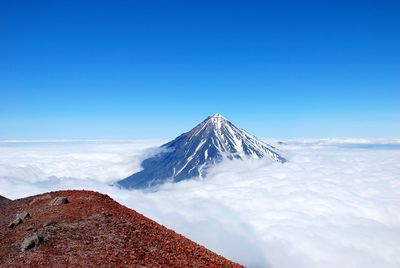 Scenic view of snowcapped mountain against blue sky