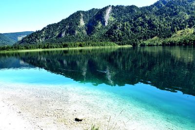 Scenic view of lake and mountains against sky