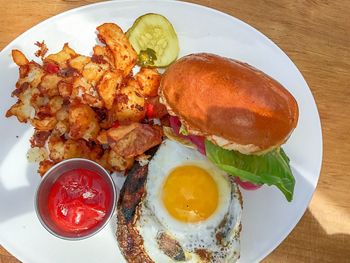 High angle view of food in plate on table