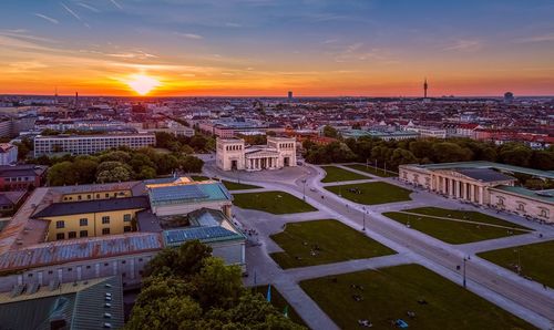 High angle view of cityscape during sunset