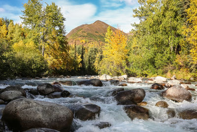 Scenic view of stream flowing through rocks during autumn