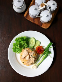 High angle view of food in plate on table