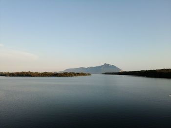 Scenic view of lake against clear sky