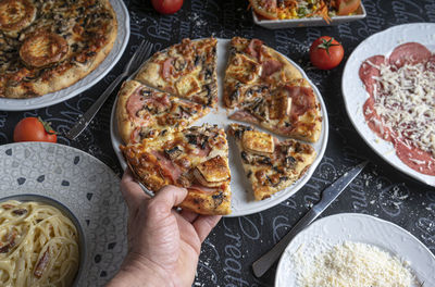 High angle view of pizza on table