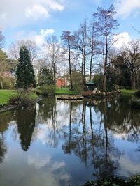 Scenic view of lake by trees against sky