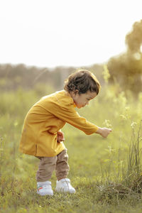 Side view of boy picking flowers on field