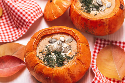 High angle view of pumpkin on table