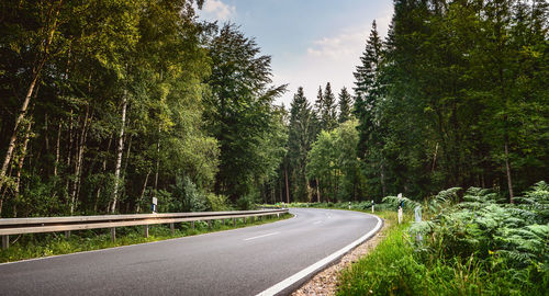 Empty road amidst trees in forest against sky