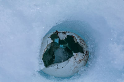 Close-up of abandoned ice against sky