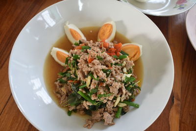 High angle view of salad in plate on table