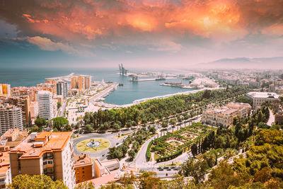 High angle view of townscape against sky during sunset