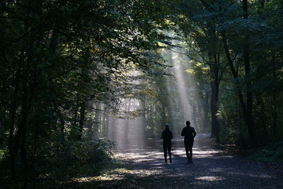 Silhouette couple jogging in forest