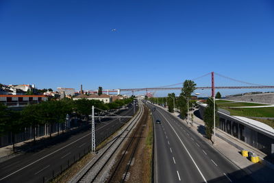 High angle view of railroad tracks against clear blue sky
