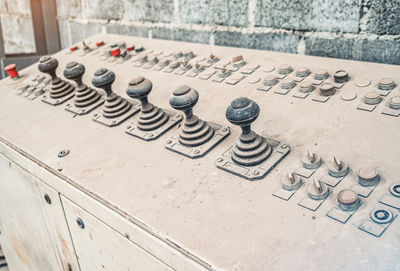 Old control unit is covered with dust. joysticks to control equipment in the factory