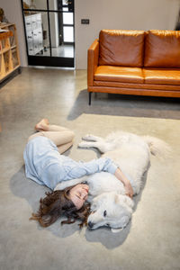 Dog sleeping on sofa at home