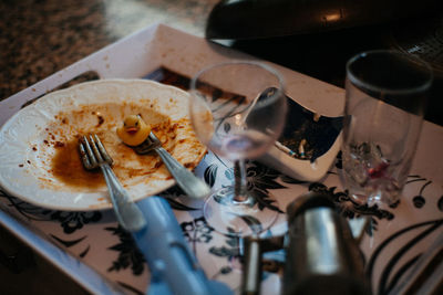 High angle view of breakfast on table