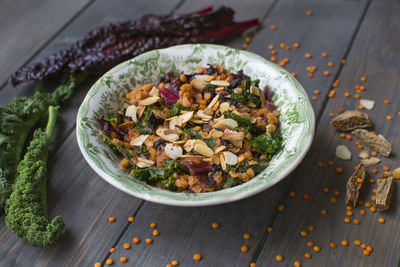 High angle view of food in bowl on table