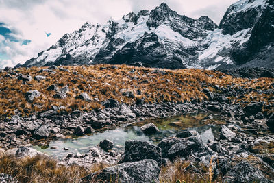 Aerial view of snowcapped mountains against sky