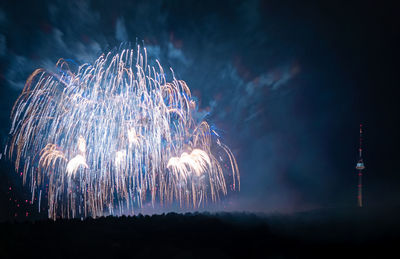 Low angle view of firework display at night