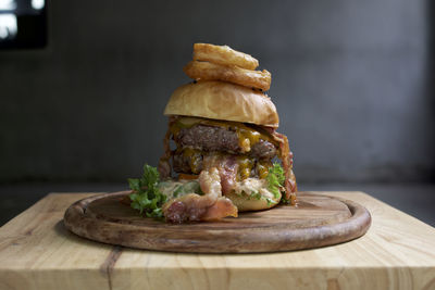 Close-up of burger on cutting board