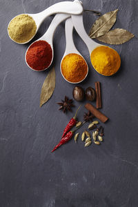 Close-up of various spices in spoons on table