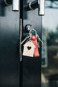 Close-up of love padlocks hanging on metal door