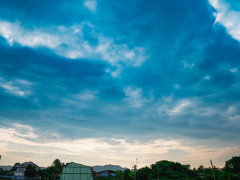 Low angle view of trees and buildings against sky