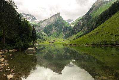 Scenic view of lake with mountains in background