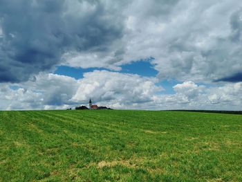 Scenic view of agricultural field against sky