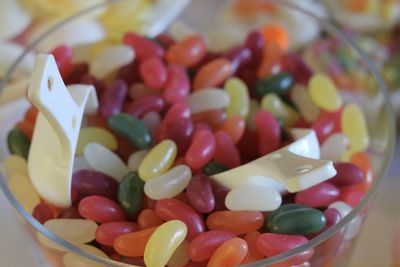 High angle view of colorful candies in bowl