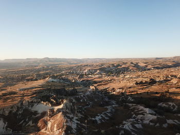 High angle view of dramatic landscape against clear sky