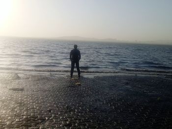 Rear view of silhouette man walking on beach against clear sky