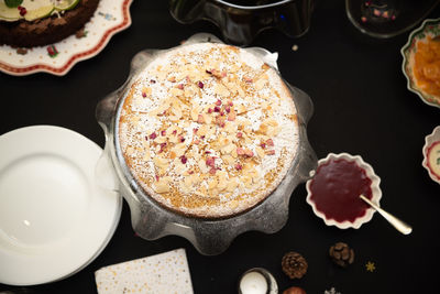 High angle view of dessert on table