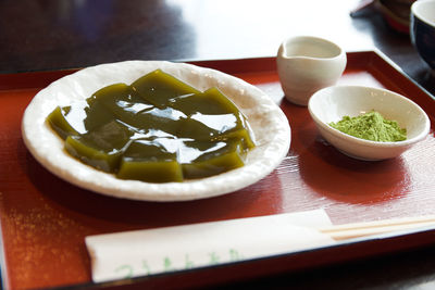 High angle view of soup in bowl on table