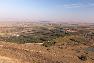 High angle view of field against sky