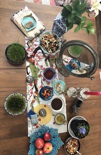 High angle view of breakfast on table