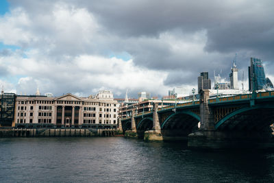 Bridge over river by buildings against sky in city