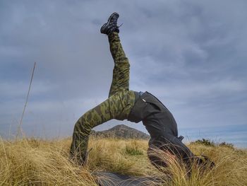 Low angle view of statue on field against sky